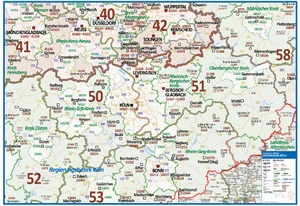 Postleitzahlenkarte Großraum Köln [NEU: 2017, 70x100cm, dickes Papier gerollt] - Mit allen Postleitzahlengebieten und selbstständigen Gemeinden - Farbig unterteilte Bundesländer